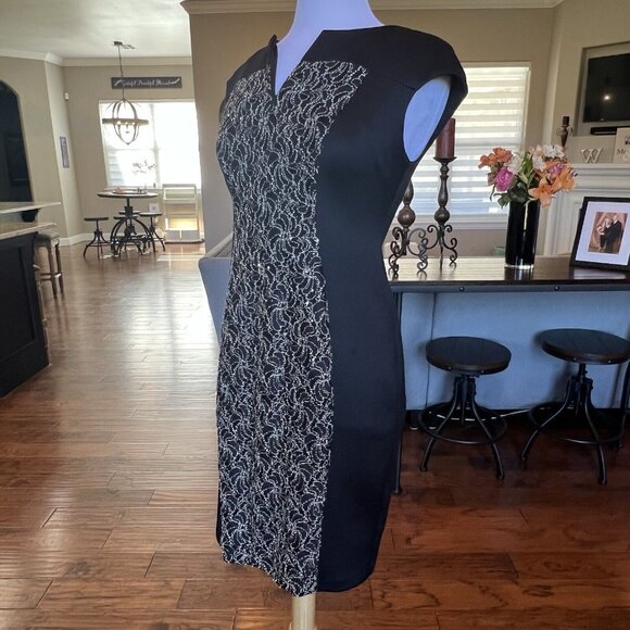 VTG Connected Apparel Women's Dress Size 6 Black Gold Midi Sheath Stretch - Picture 4 of 16